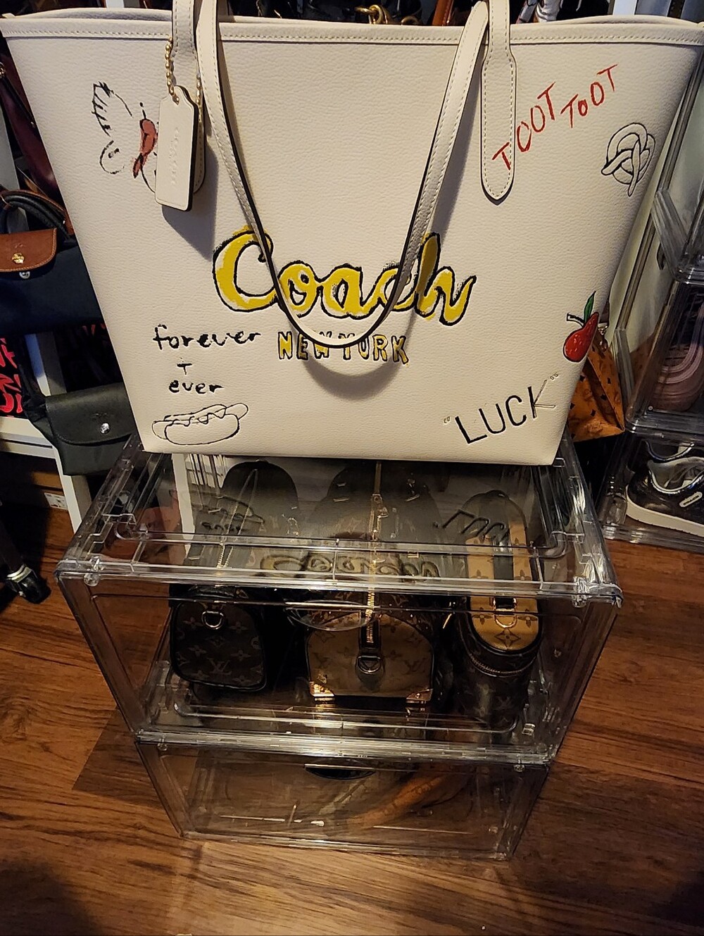Coach White Leather Graphic Tote with Yellow Logo - Picture 10 of 12